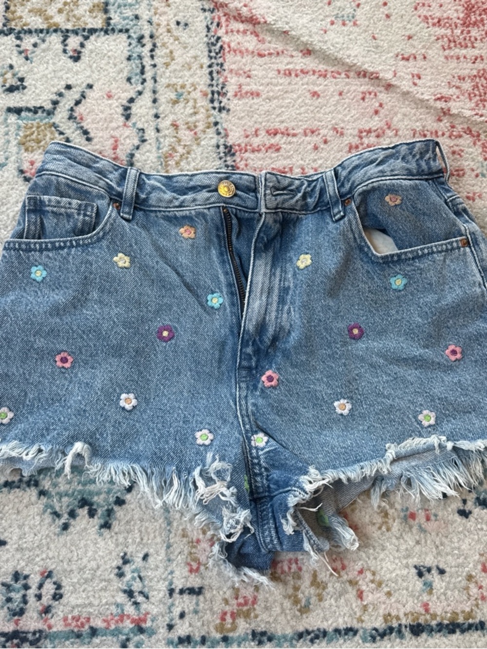 PacSun Light Blue Denim High-Rise Floral Embroidered Frayed Shorts